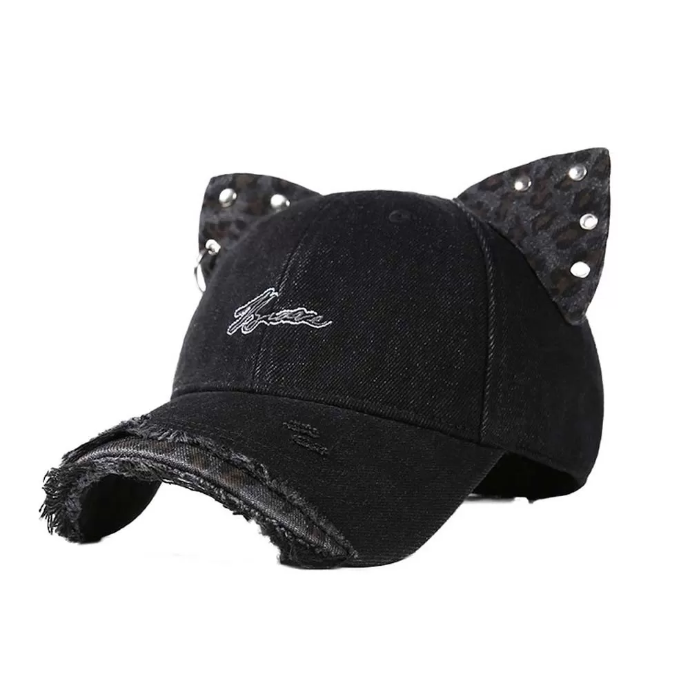 INF Leopard Öron Baseball Keps - Trendig Färgblock Söt Cool Casual Retro Sliten Hatt Grå