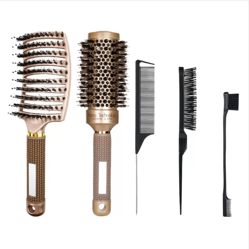INF 5-delars hårborstset med vildsvinsborst - Rund borste & stylingkammar för att reda ut håret