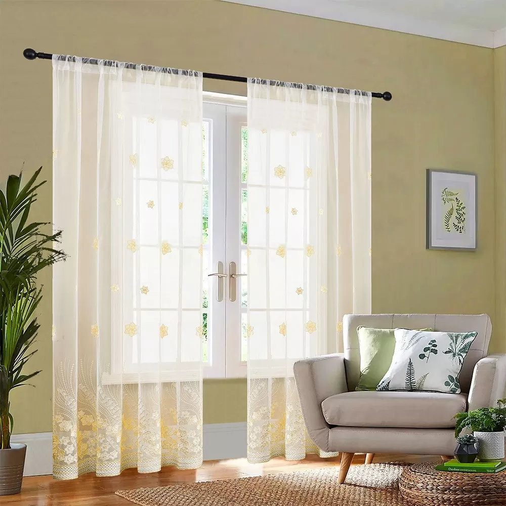 INF Gul Broderad Blommig Skir Voile Gardin med Kanal för Vardagsrum Sovrum L