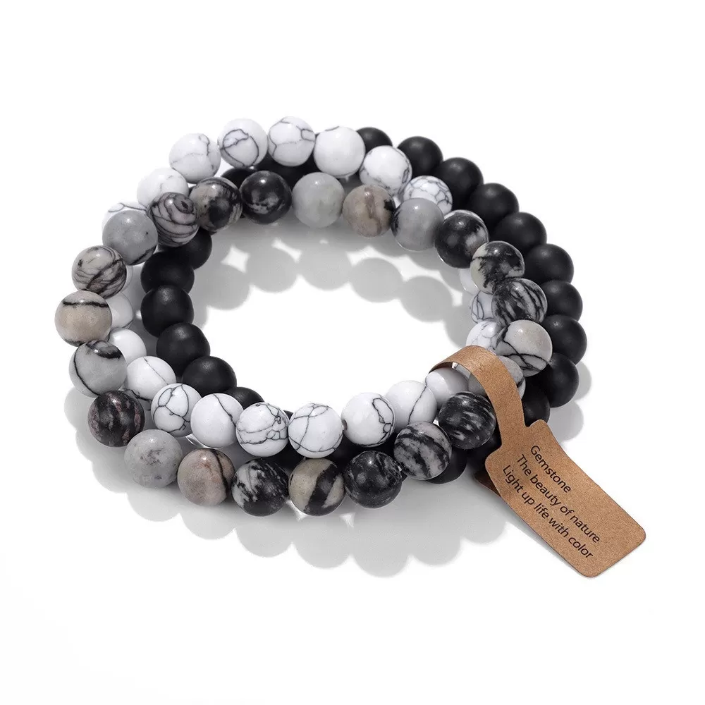 INF Vulkanisk sten pärlarmband set - kattöga agat elastiskt armband (3 st)