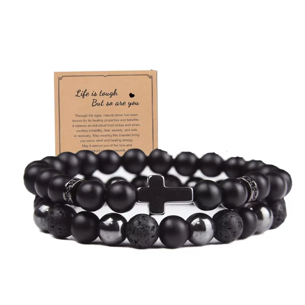 INF Vulkanisk sten matt hematit armband set - svart, elastiskt, mikroinlagt, set om 2