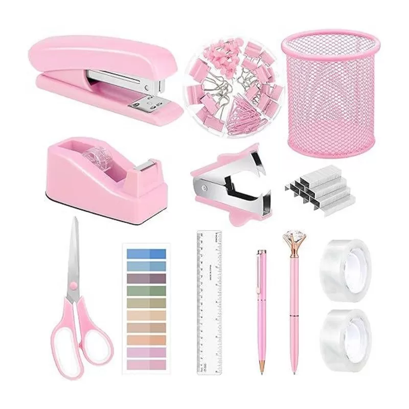 INF Rosa Häftapparat Set - Komplett Kontorsmaterial Kit med Häftklammerborttagare och Tejpdispenser