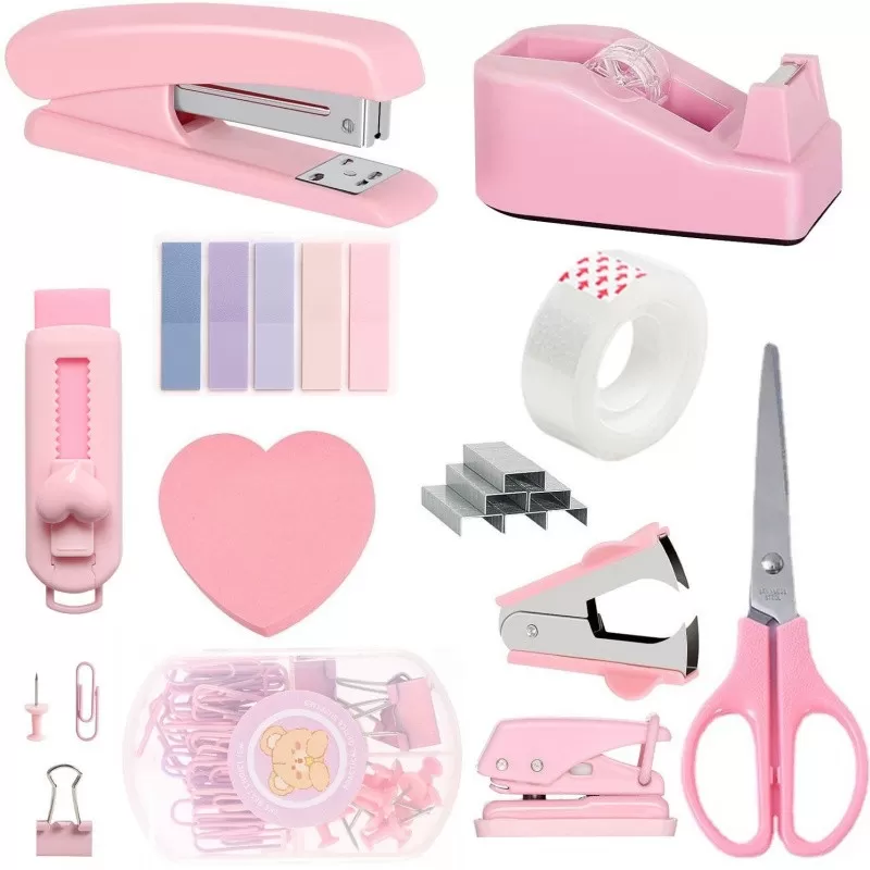 INF Rosa Häftapparatsset - Kontorsmaterialkit med Häftapparat, Tejpdispenser och Tillbehör