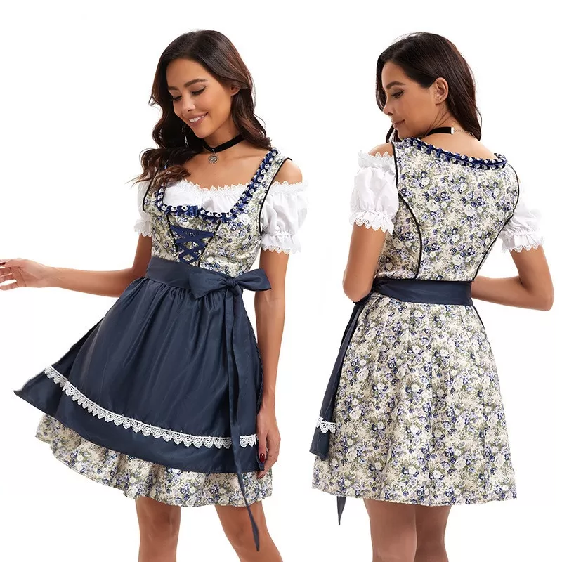 INF Oktoberfest Dirndl Kostym: Bayersk Öl-Flicka Outfit med Blomstertryck M