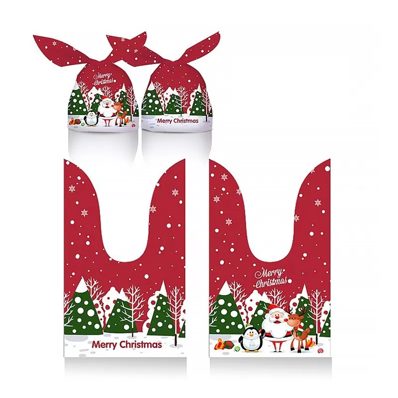 INF Röda julgodispåsar med snömotiv - 50-pack presentpåsar med dragsko
