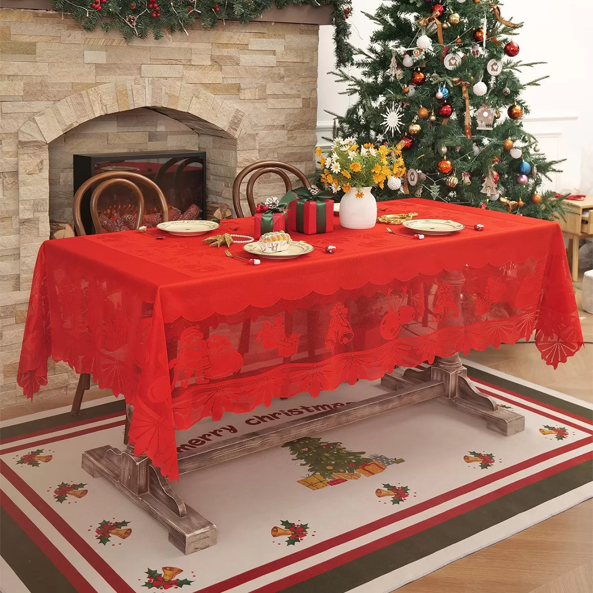 INF Festlig Julspetsduk - Broderad Polyester Julbordsdekoration M Röd