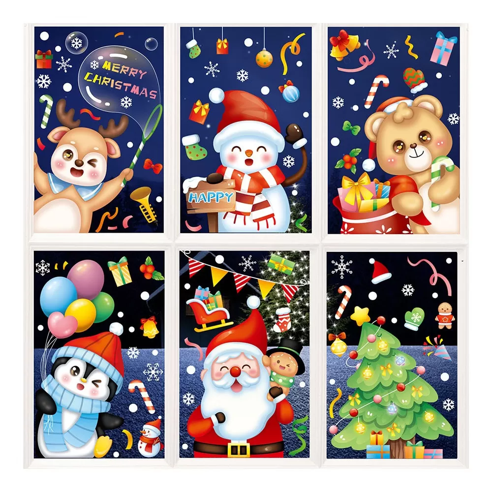 INF Set med 6 färgglada juldekaler för fönster - PVC statiska klistermärken för juldekorationer