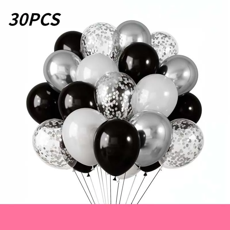 INF 30-pack Svart Silver Vit Latex Ballongset för Festdekorationer