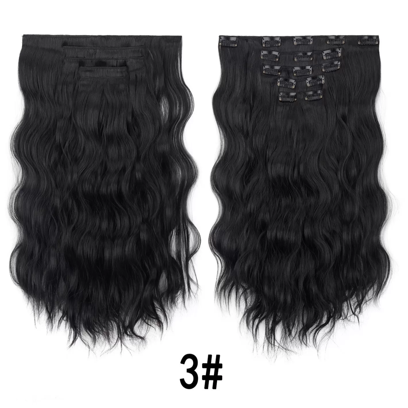 INF Lång Vågig Clip-in Hårförlängning - Svart Högtemperaturfiberperuk