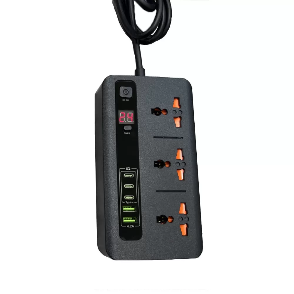 INF Universal Timer Grenuttag med USB & Type-C Portar - EU-kontakt, 8 Uttag Svart