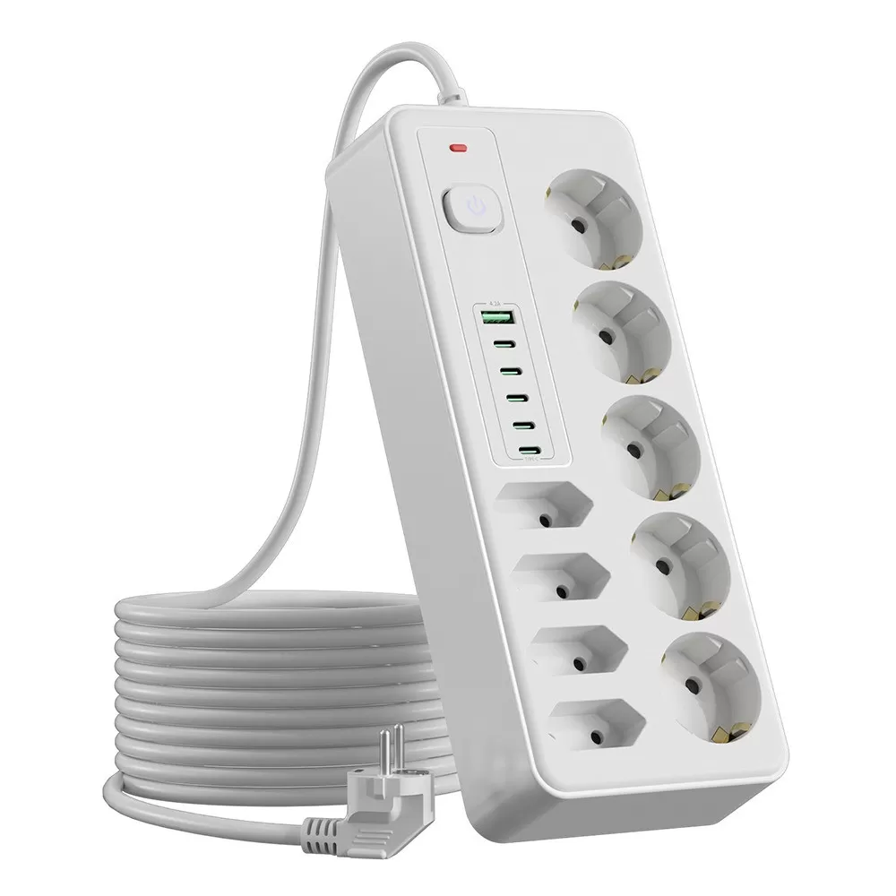 INF 15-Uttags Europeiskt Grenuttag med USB & Type-C Portar - Överbelastningsskydd Vit