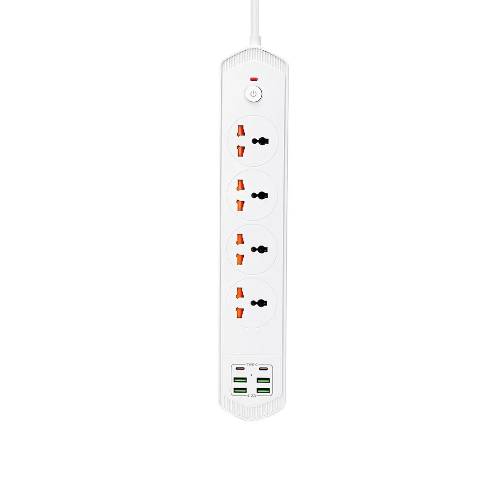 INF Universal EU Grenuttag med 4 Uttag, 4 USB-A & 2 USB-C Portar, 2m Förlängningssladd Vit