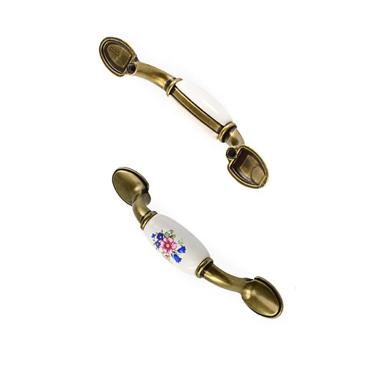 INF Set med 2 Europeiska Retro Blommiga Keramiska Handtag - Zinklegering Skåplucka Drag
