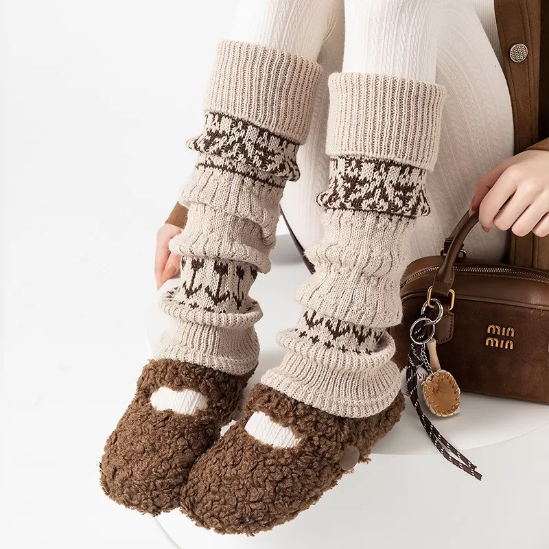 INF Fair Isle Stil Vad Värmare - Tjocka & Varma Akrylsockor Kaki