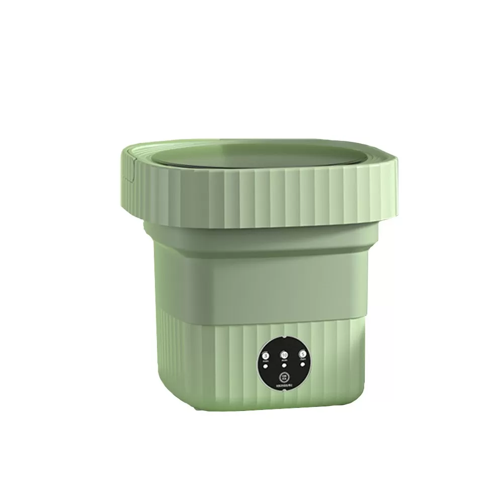 INF Bärbar hopfällbar tvättmaskin med blått ljus, 6L kapacitet, extern avlopp, avtagbart lock Grön