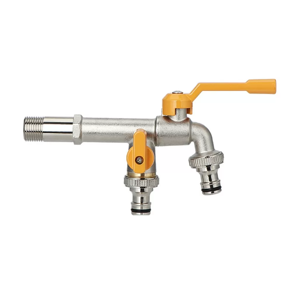 INF Förlängd Trädgårdskran i Mässing - Dubbel Snabbkoppling, Gul Pläterad