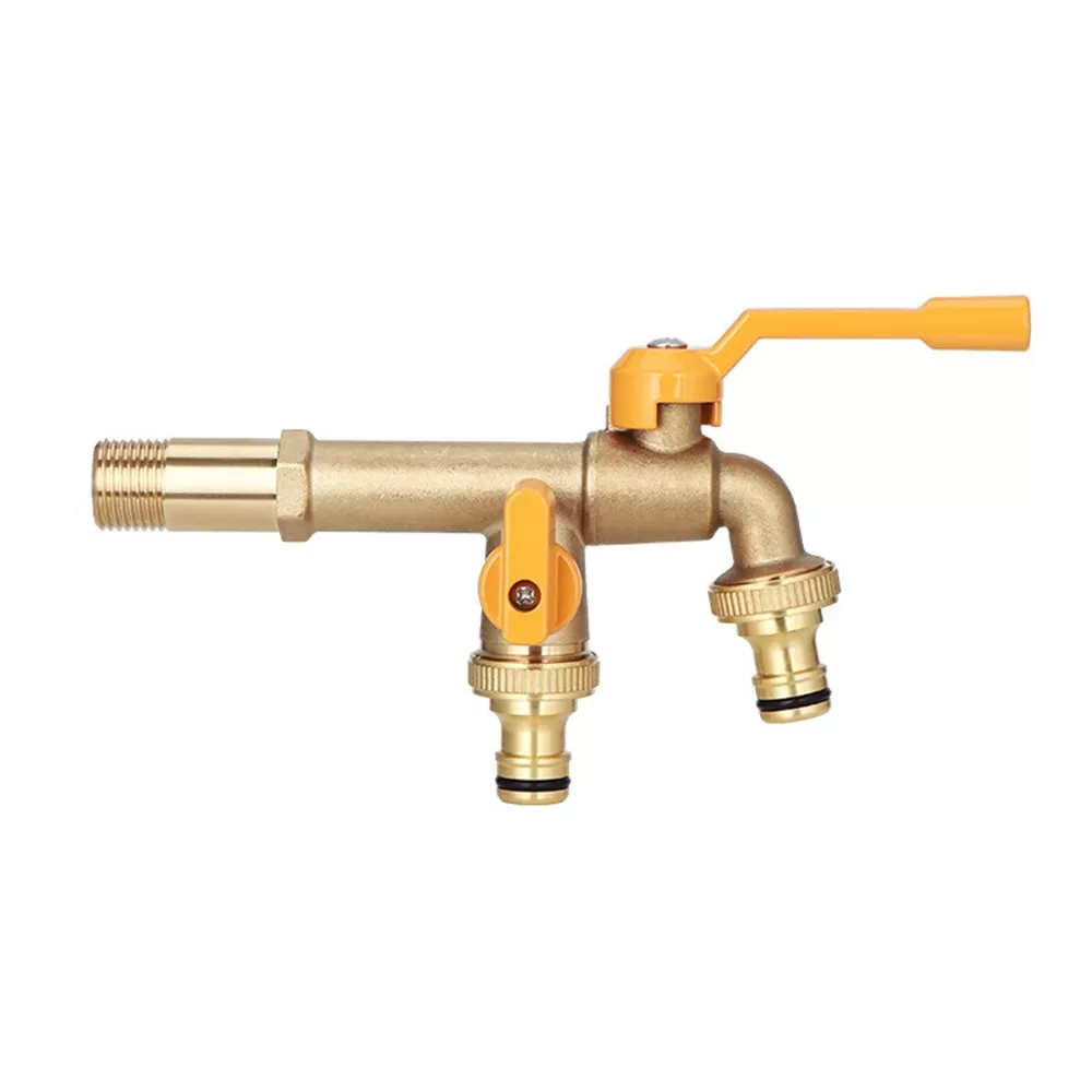 INF Förlängd trädgårdskran i mässing med gult handtag och snabbkoppling - Dubbel utloppskran