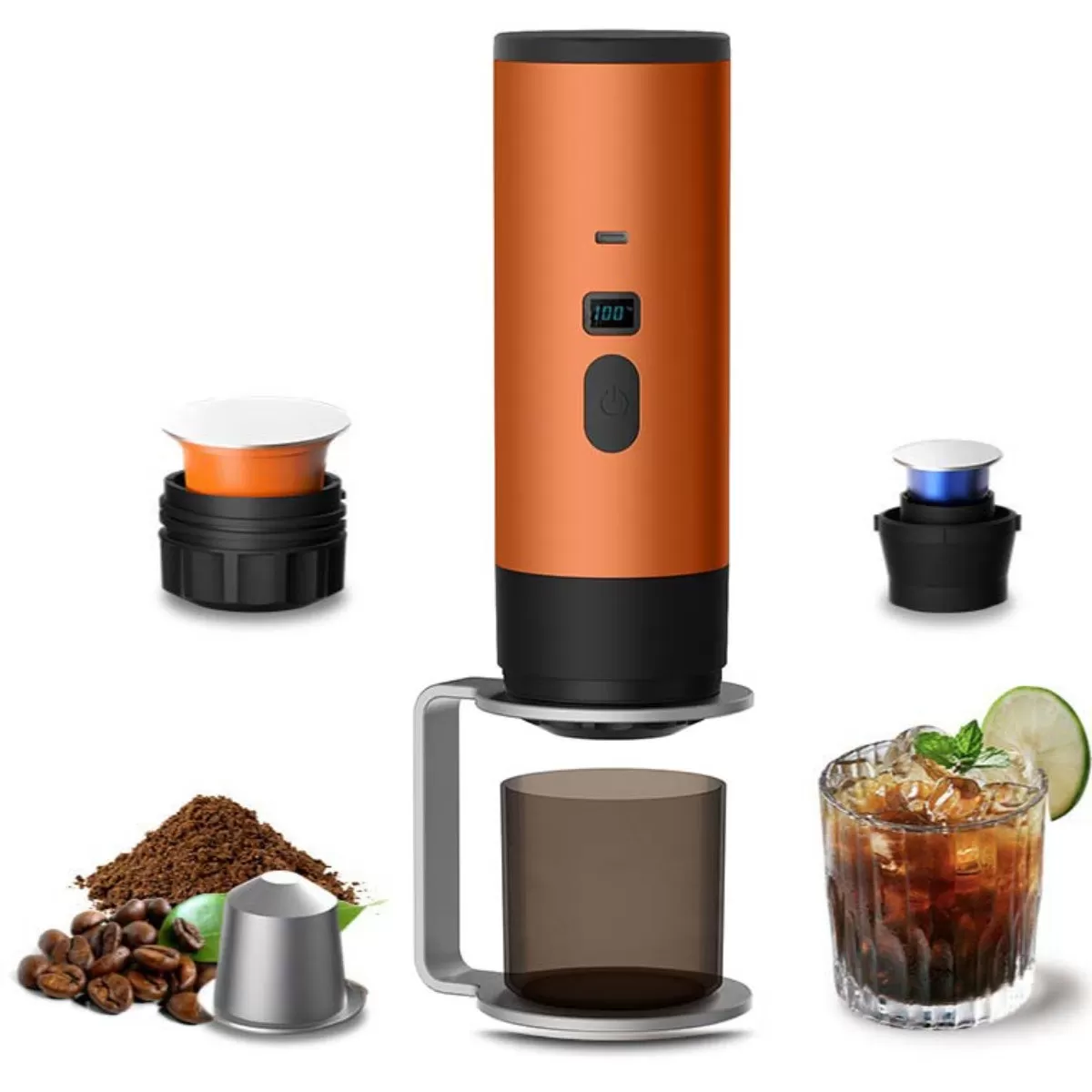 INF Bärbar Kapselkaffemaskin med Ställ & Sammetspåse - Elektrisk Espressomaskin Orange