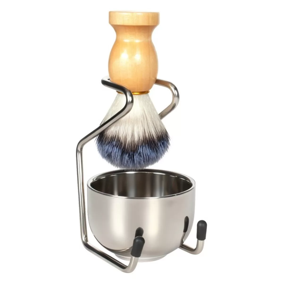 INF Rakset i rostfritt stål för män med borste och ställ i trä