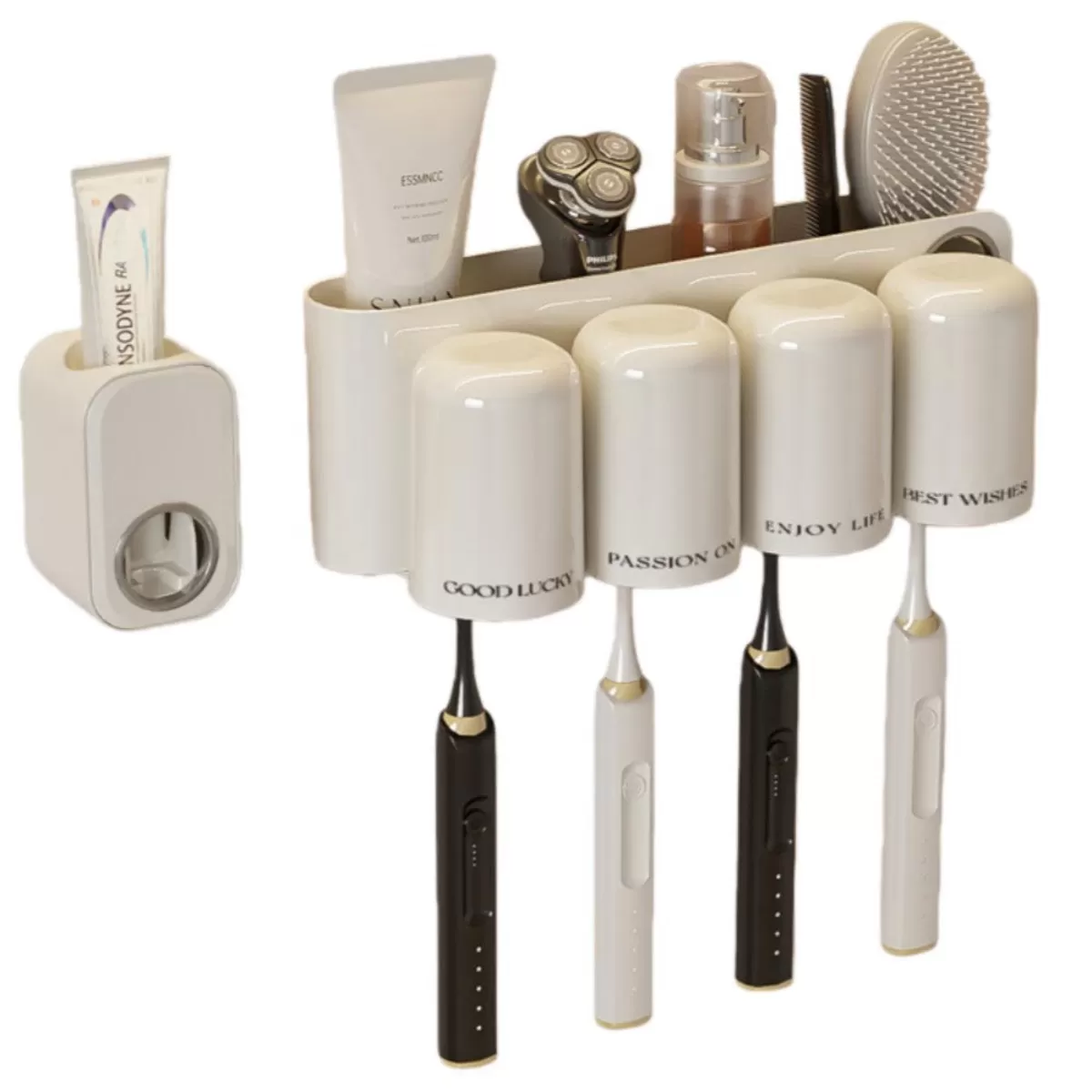 INF Borsthållare utan borrning med automatisk tandkrämspress - 4 platser