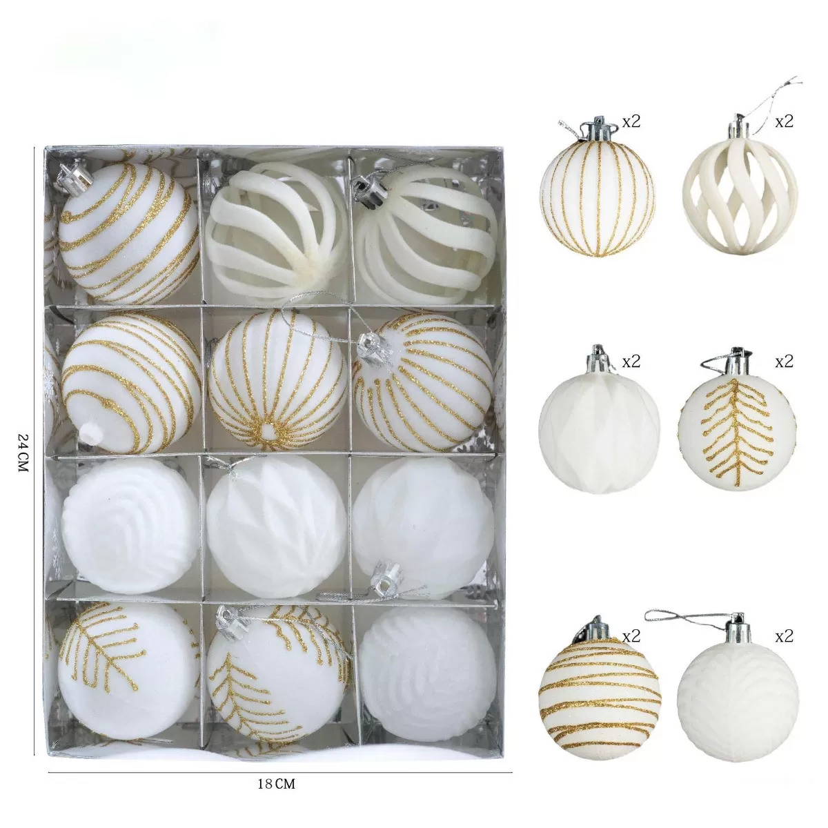 INF Set med 12 vita flockade ihåliga julgranskulor