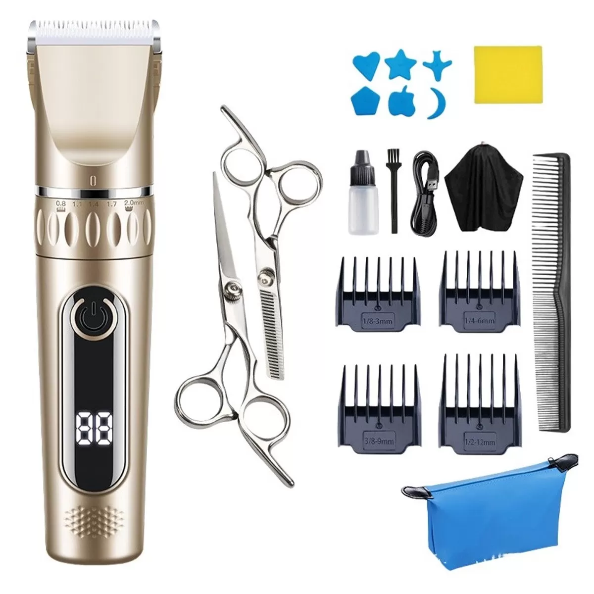 INF Guld Elektrisk Hårklippare Set med Dubbla Stålsaxar - Professionell Hårklippningssats för Hemmabruk