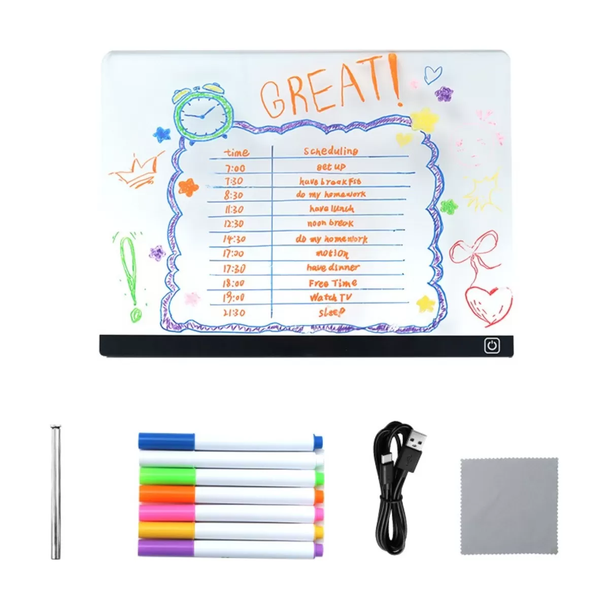 INF DIY Transparent Ljus-Up Anslagstavla med Metallstativ, 7 Pennor & USB-C Kabel Extra large