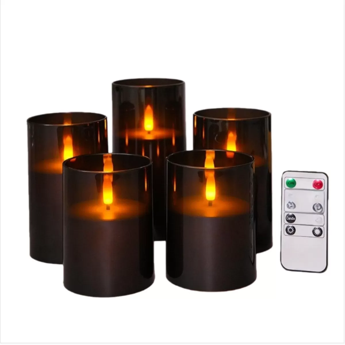 INF Set med 5 Svarta Flamfria LED-ljus - 7,5 cm Diameter - Realistiskt Flimmer, Inkluderar Fjärrkontroll