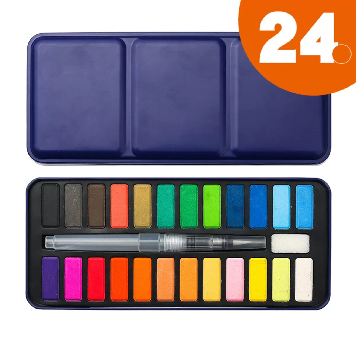 INF 24 Färger Solid Akvarellfärgset med Vattenborstpenna - Portabel Järnplåts Palett
