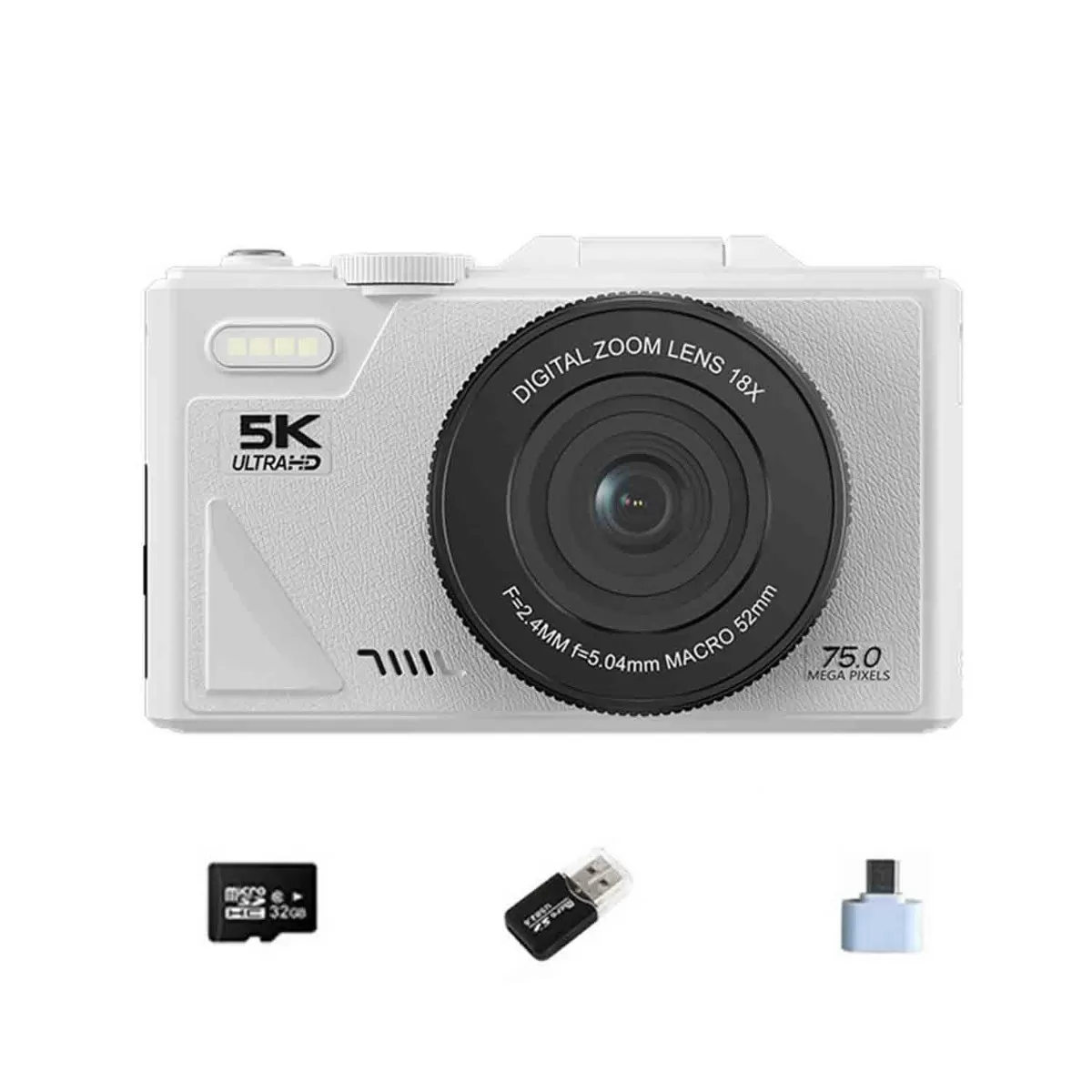 INF Vit 5K Digitalkamera med 32GB Kort, Type-C Adapter & USB-läsare