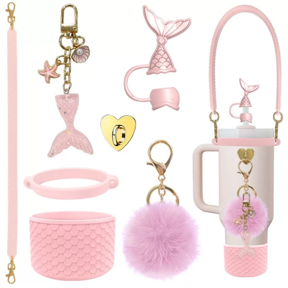 INF Sjöjungfru 7-delars tillbehörskit för Stanley Tumblers - Fiskskals Silikonkopphållare, Rem, Berlocker Röd