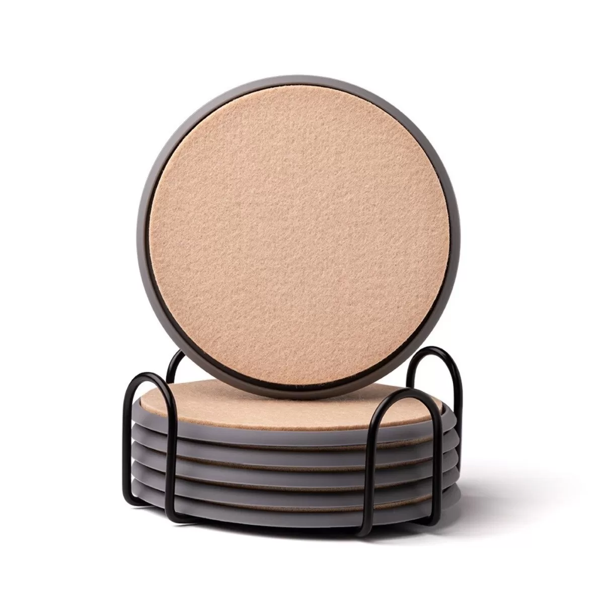 INF Set med 6 runda underlägg i silikonfilt med hållare - Värmebeständiga och halkfria Grå