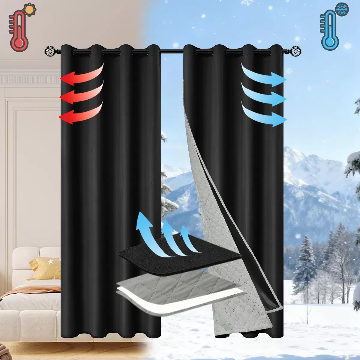 INF Svart Avtagbar 2-i-1 Vinter Vindtät Termisk Isolerande Mörkläggningsgardin - 132x241cm (Öljetttopp, Enkel Panel)