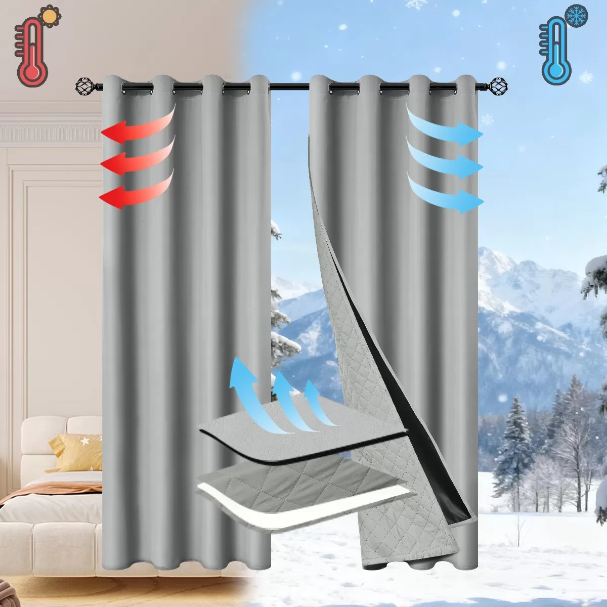 INF Uppgraderad Avtagbar 2-i-1 Vinter Vindtät Termisk Isolerad Mörkläggningsgardin (132x213cm, Öljetter)