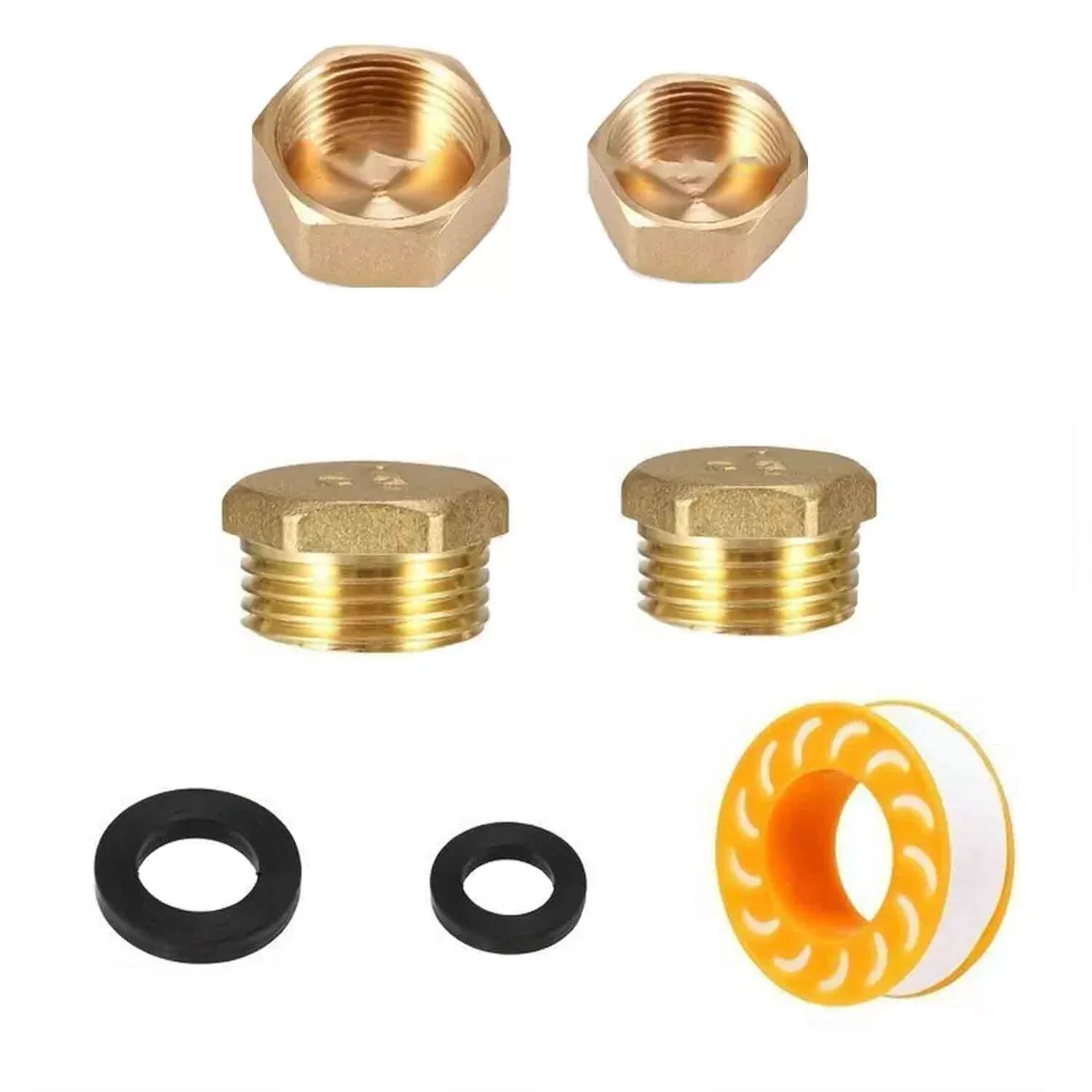 INF Mässingsrörpluggset - 8 Pluggar, PTFE-tejp och 4 Brickor - NPT Gängade Lock och Pluggar