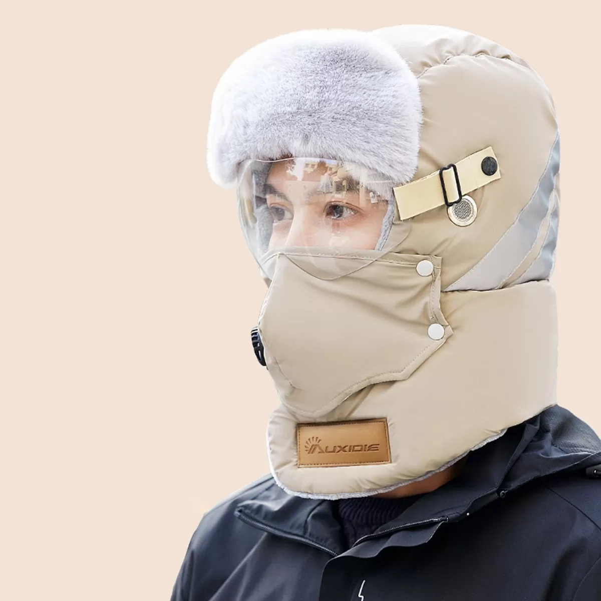 INF 4-i-1 Vintercykel-/Skidmössa med Glasögon: Reflex, Vindtät och Termisk Kaki