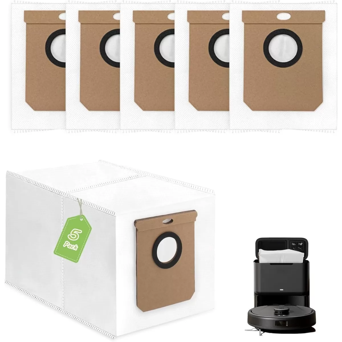 INF 5-pack Ersättningsdammpåsar kompatibla med Eufy L50 SES/L60 SES robotdammsugare, 2.5L kapacitet