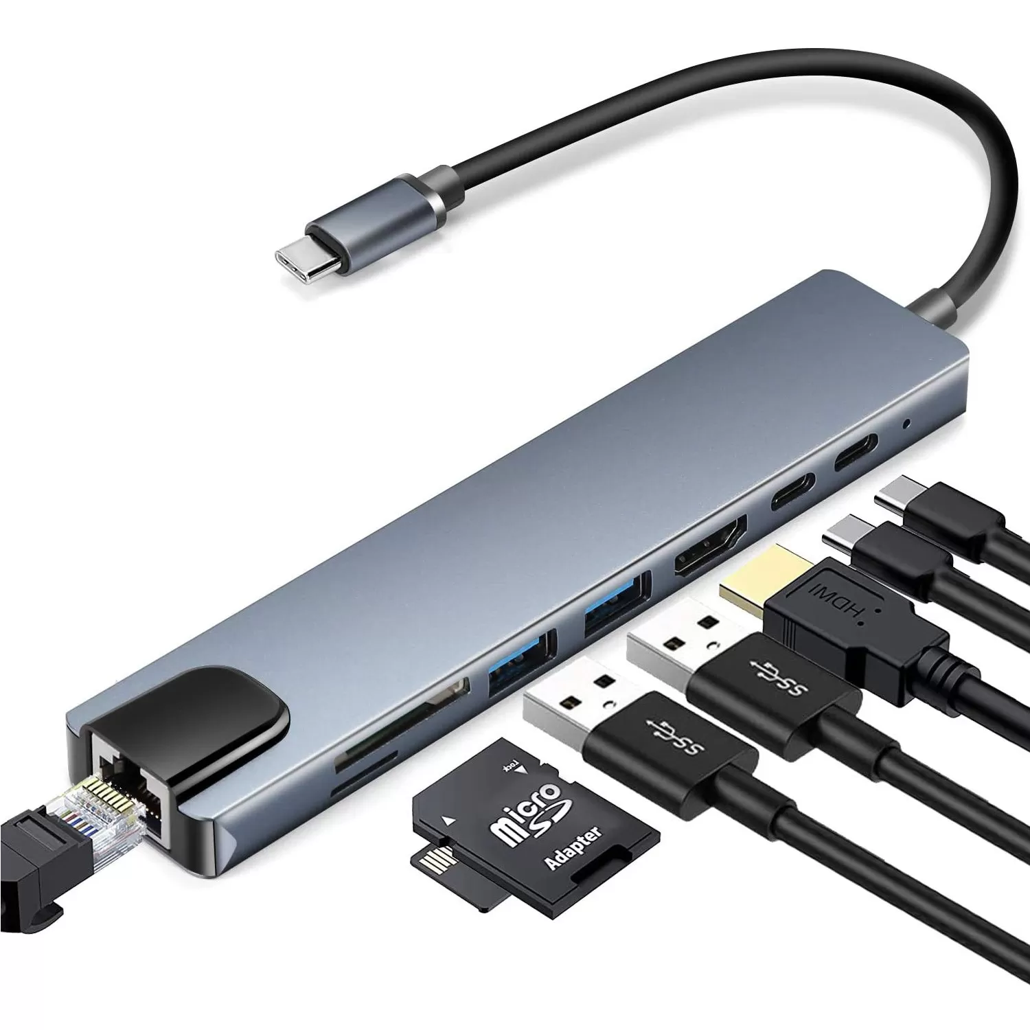 INF 8 portars USB-C hub med USB, UBC PD, HDMI, RJ45, minneskort