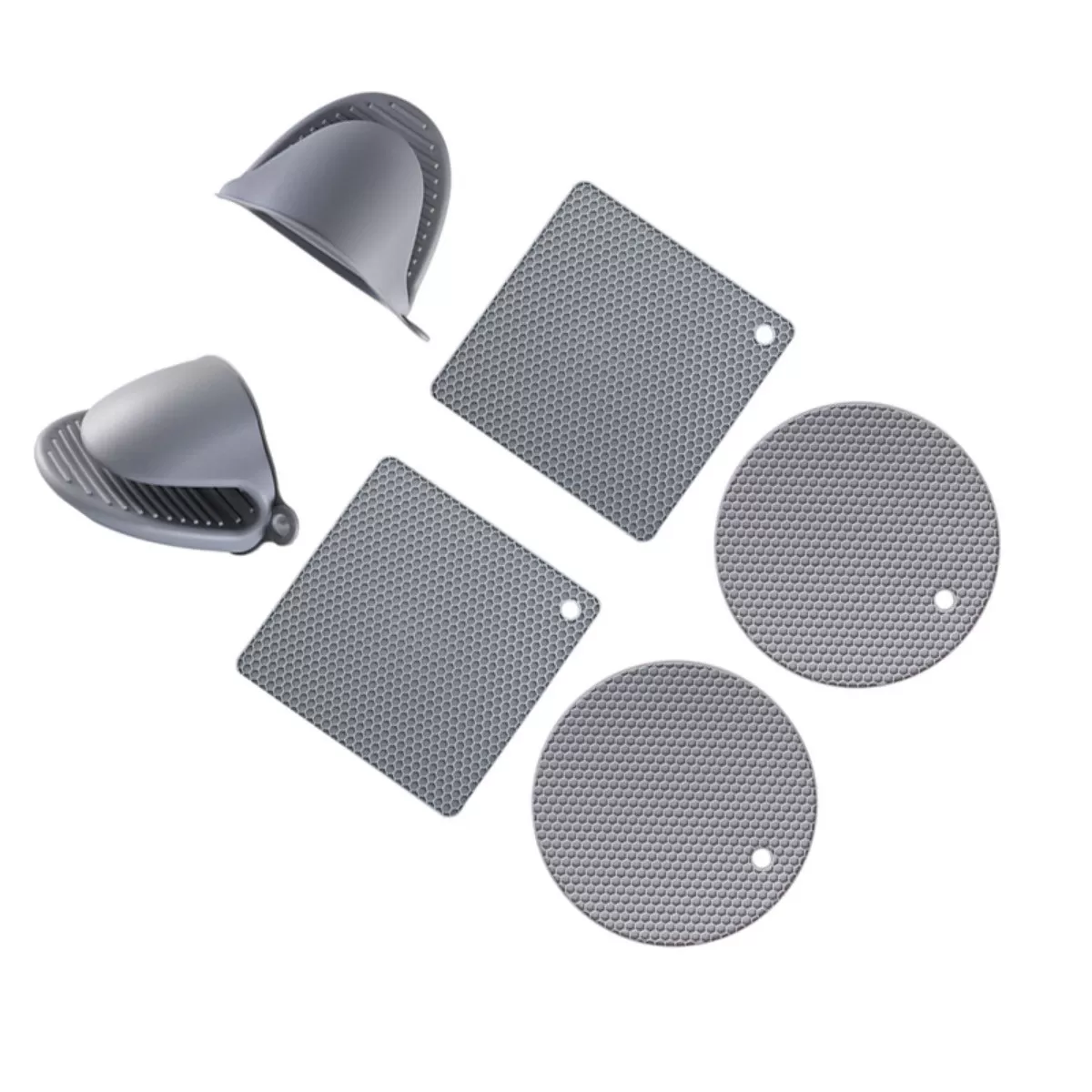 INF Silikon Grytunderlägg och Grytlappar Set, 6 Delar: Fyrkantiga och Runda Honungskakeplattor med Värmebeständiga Handtag Grå