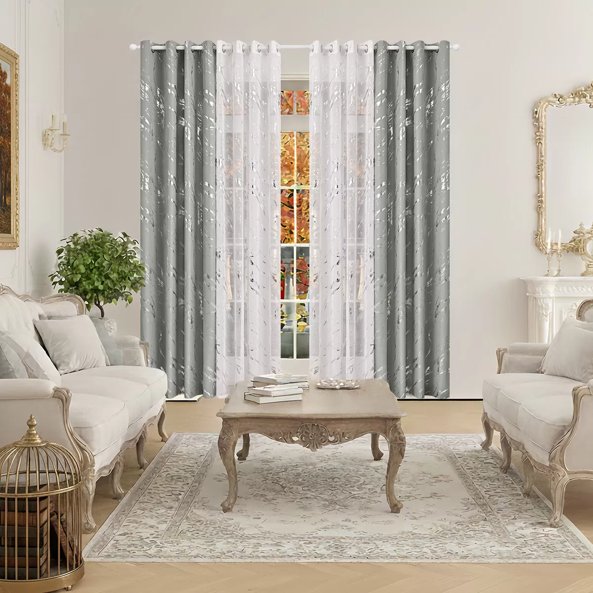 INF 132x213cm Hot Silver Stämpling Mörkläggningsgardin Set - Marmortryck, Ljusblockering för Vardagsrum & Sovrum Silver+Vit