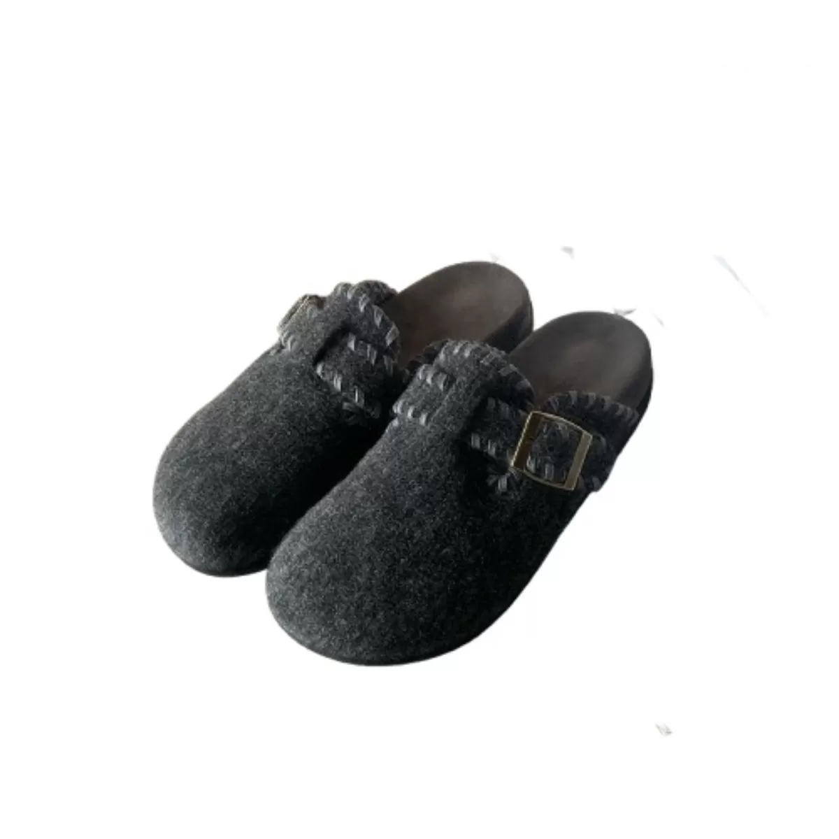 INF Djupgråa fluffiga tofflor kompatibla med Birkenstock, varma ulliknande träskor med justerbar korsrem 36