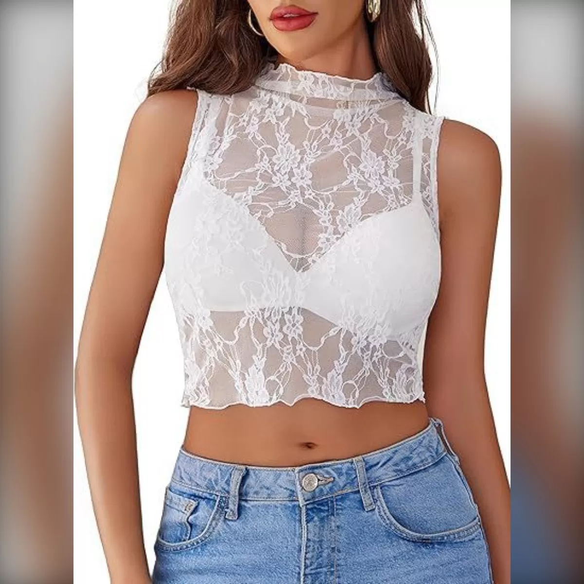 INF Genomskinlig Ärmlös Spetstopp - Sexig Slim Fit Blus S