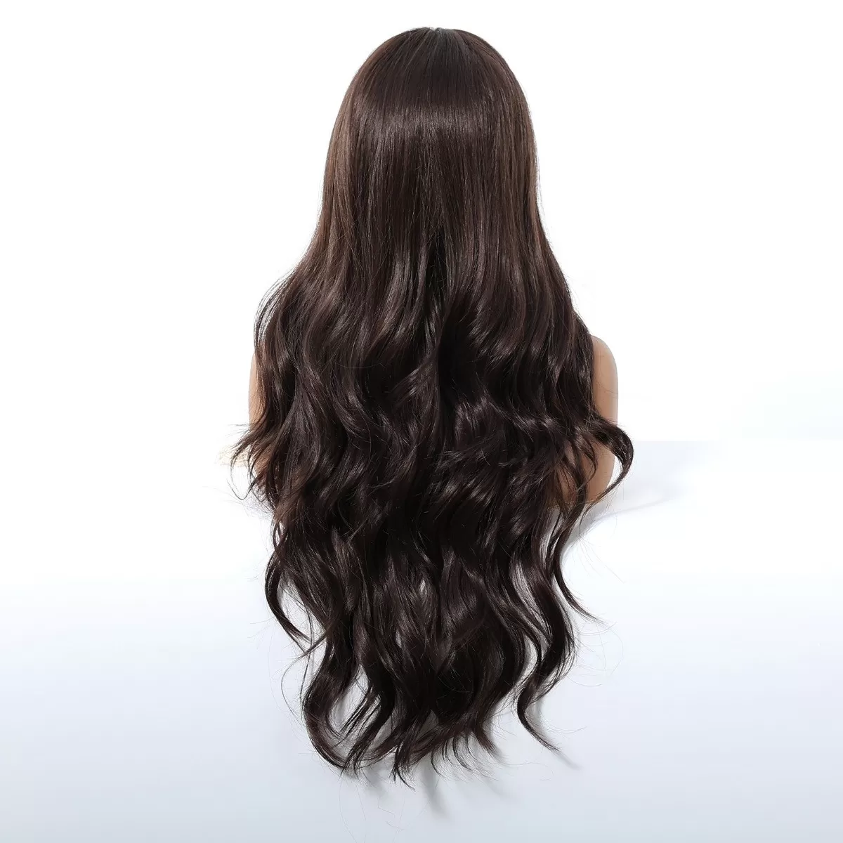 INF Lång Lockig Peruk med Lugg, Svartbrun Värmebeständig Syntethår för Fest och Vardag