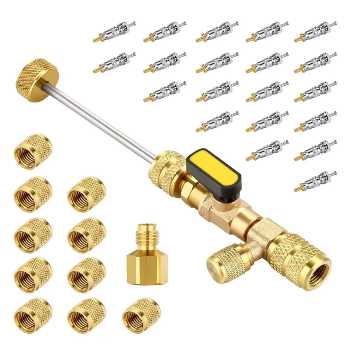 INF AC Ventilborttagningsverktyg - 10 Lock + 20 Kärnor, Mässingskonstruktion, Kompatibelt med R22/R134a/R410/R32