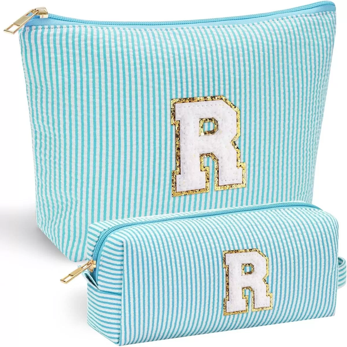 INF 2-delad sminkväska för resor med bokstaven R - Kosmetikväska i Oxfordtyg, Blå