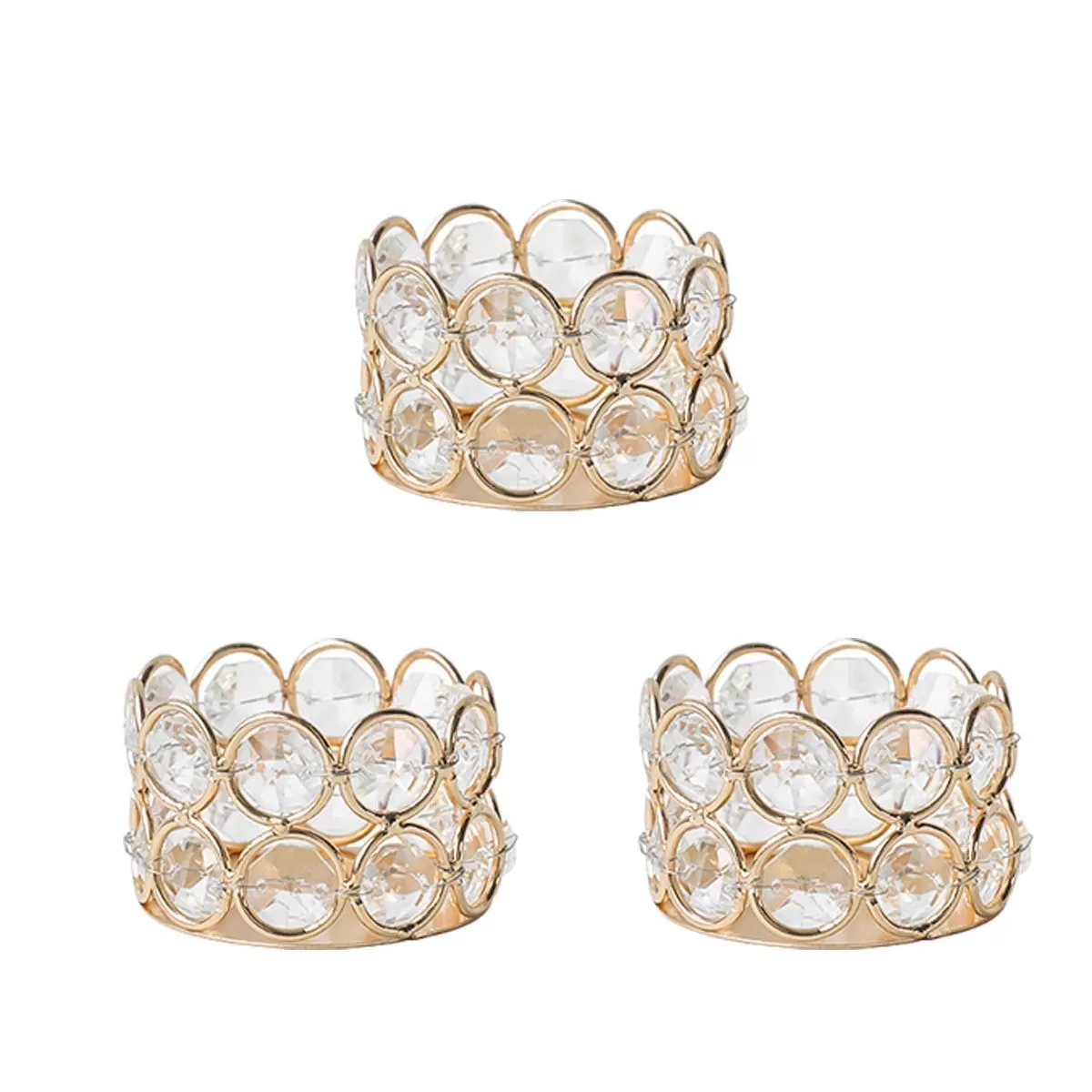 INF Set om 3 Kristall Ljusstakar - Gyllene Järn Konst Glas Värmeljushållare