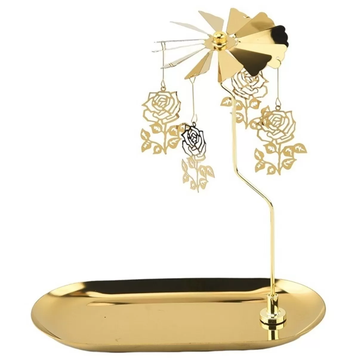 INF Europeisk stil roterande ljusstake i metall med rosmotiv (23cm oval bricka)