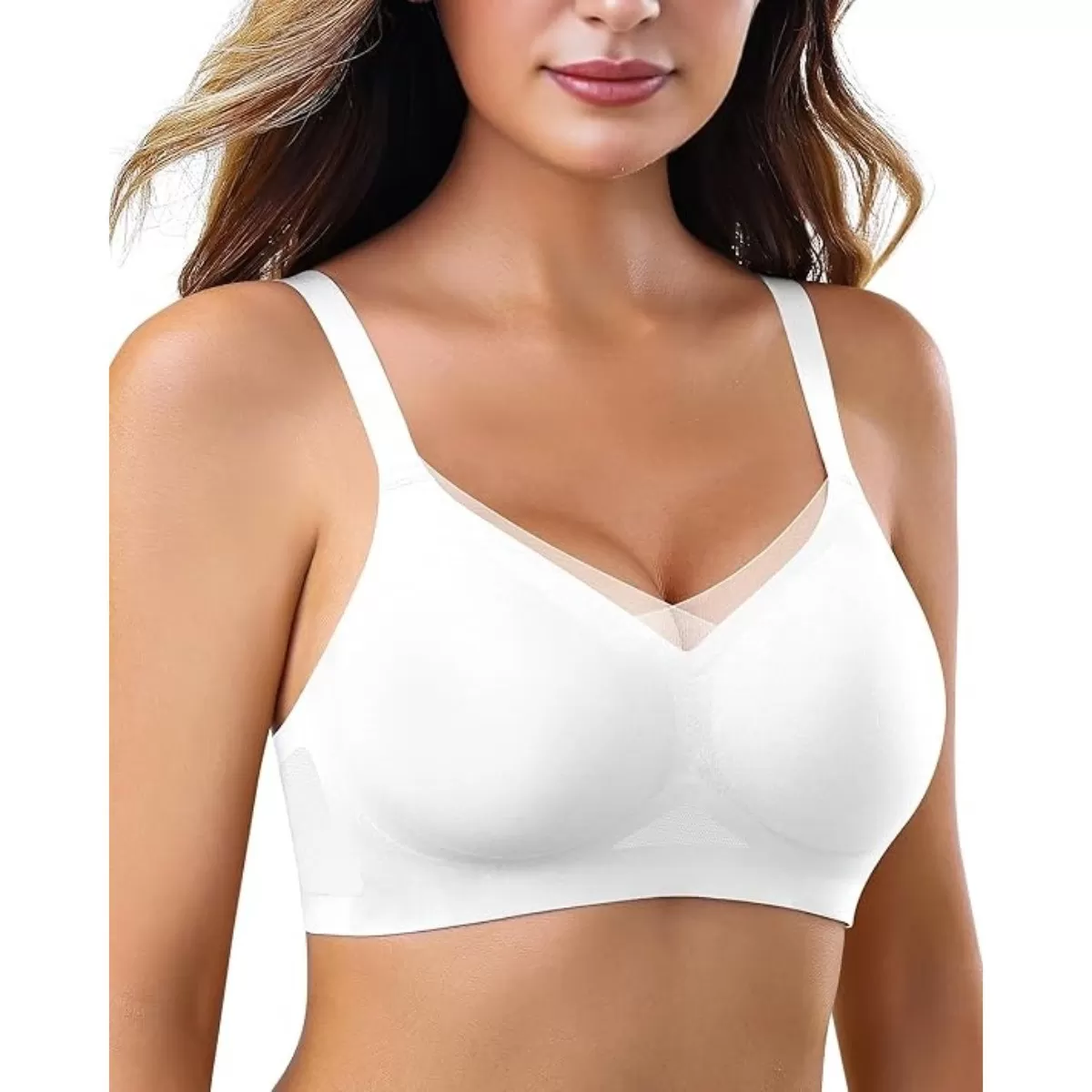 INF Trådlös 3D-formgjuten BH XXL - Sömlös V-ringning, Mjuk vaddering utan bygel för T-shirt, sömn och vardagsbruk Vit