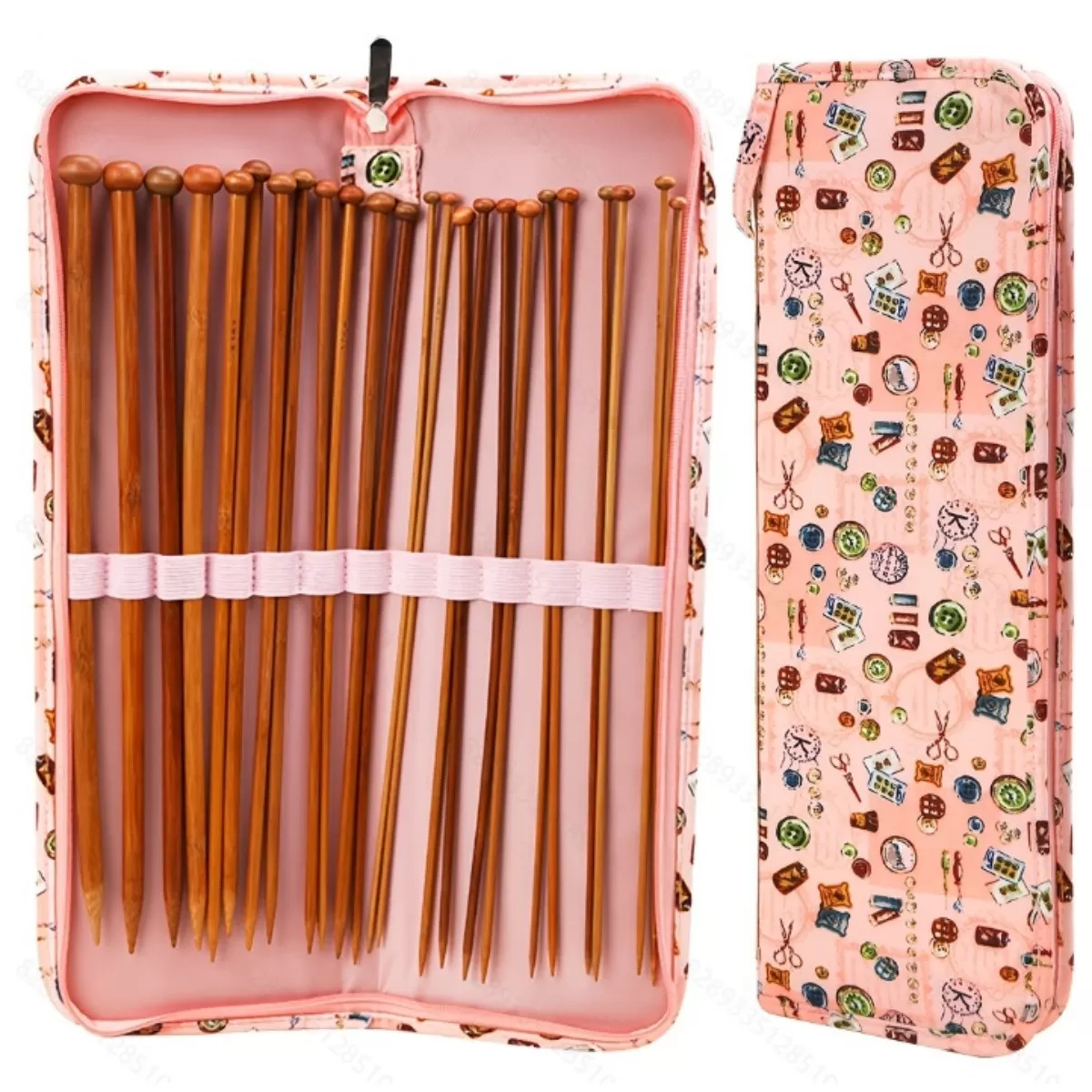 INF DIY Carbonized Bamboo Single-Point Knitting Needles Set 25pcs 35cm with Measuring Tape and Pink Sewing Pattern Case