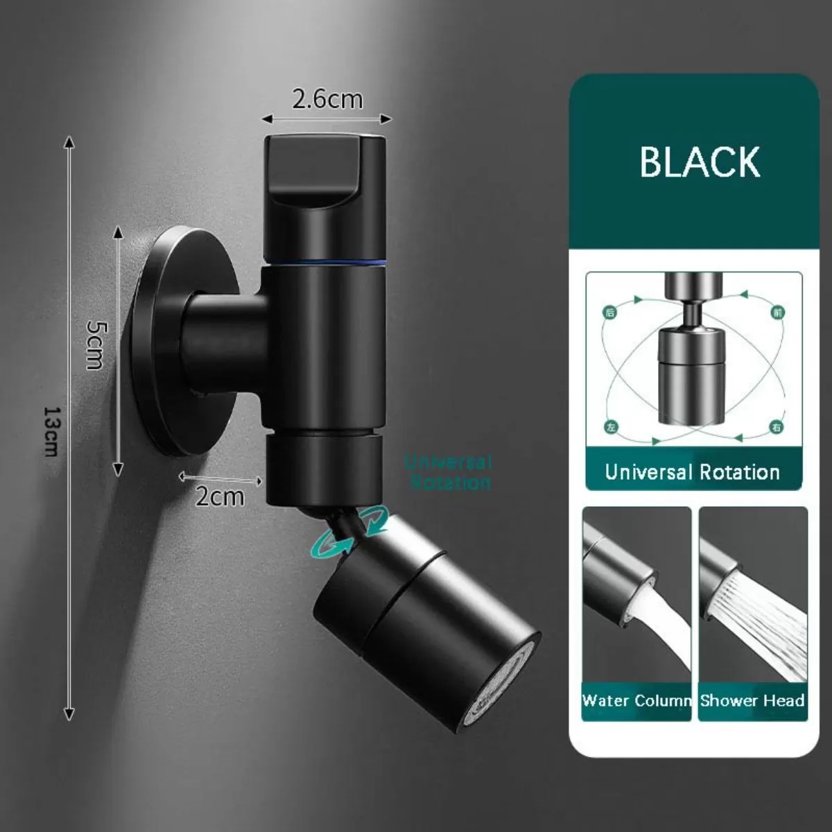 INF Universal Swivel Faucet Dual-Mode 360° Stainless Steel Water Tap - Quick-Open Mop Sink & Washing Machine Connector Svart